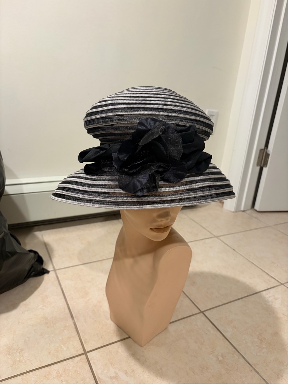 Gila Black Silver Striped Wide Brim Floral Women’s Dress Church Wedding Hat